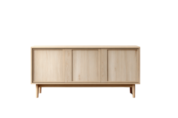Light wood sideboard with three sliding doors on tapered legs furniture cabinet, Png, Isolated on Transparent Background, Cut Out