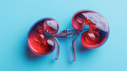 A pair of glass kidneys filled with fluid illustrating anatomical structure and medical science concepts.

