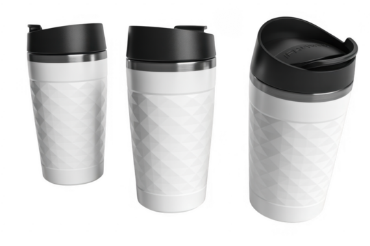 White travel mugs with black lids and diamond pattern isolated on a transparent background - Powered by Adobe