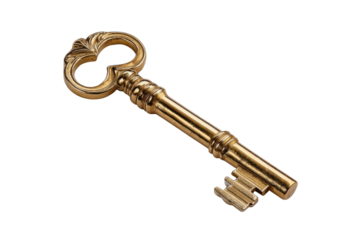 Ornate antique golden key with decorative bow and bit on black image, Png, Isolated on Transparent Background, Cut Out