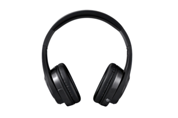 Black over ear headphones with padded earcups and adjustable headband audio sound, Png, Isolated on Transparent Background, Cut Out