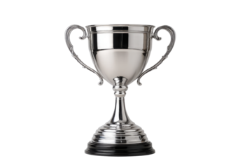 Polished silver trophy with ornate handles on black background award competition, Png, Isolated on Transparent Background, Cut Out