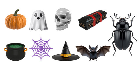 3D Halloween Icon Collection – Pumpkin, Ghost, Witch Hat, Spider, Cauldron, Candy, Bat & Skull on Transparent Background