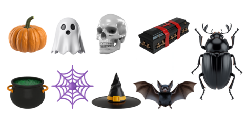 3D Halloween Icon Collection – Pumpkin, Ghost, Witch Hat, Spider, Cauldron, Candy, Bat & Skull on Transparent Background