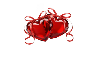 Two red glossy hearts with ribbon bows on transparent background

