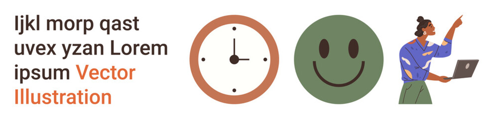 Time management, productivity, emotional well-being, online collaboration, digital workflows, work-life balance. Clock, happy face and person working on laptop. Time management and productivity