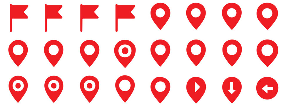 Set pin map marker pointer icon, GPS location flat symbol, arrows and flag signs &ndash; vector