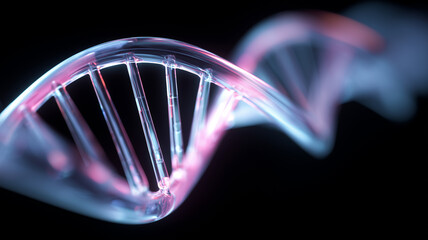 A translucent DNA helix illustrating biological structure merged with futuristic scientific progress and technological evolution.
