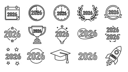 Set of 2026 icons calendar clocks awards stars and rocket ship illustrations