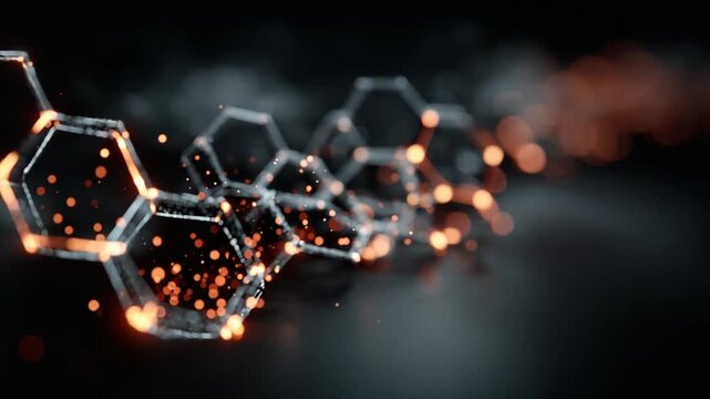 Abstract hexagonal shapes with glowing particles in dark