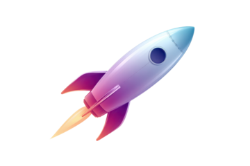 Purple and blue gradient rocket ship launching with orange flame on black spaceship space, Png, Isolated on Transparent Background, Cut Out