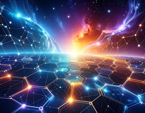 Futuristic image depicts a network of hexagon shapes expanding towards a bright light in a cosmic landscape with planets - Powered by Adobe
