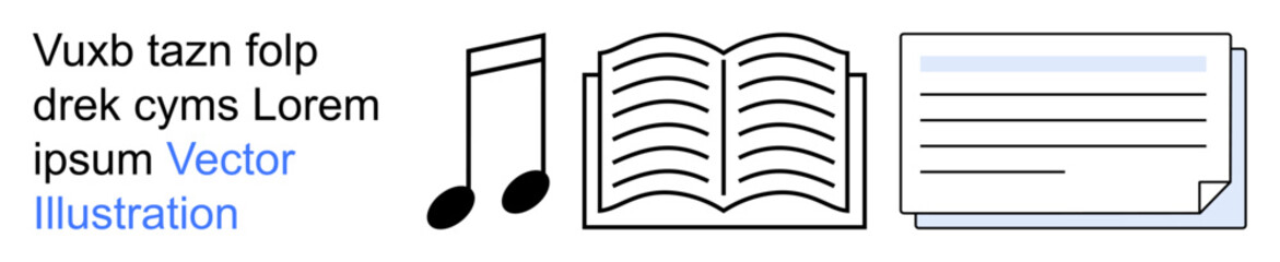 Creativity, education, digital content, communication, multimedia, design resources. Black music notes, an open book and a document icon are featured. Creativity and education concept