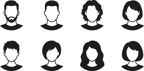 Set of eight vector icons featuring diverse male and female avatars with different hairstyles and facial hair, representing users, people, and customer profile portraits for websites.
