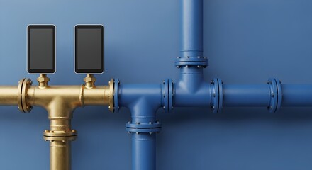 Gold and Blue Pipeline with Tablet Displays Mounted Showing Industrial Process