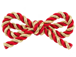 Red and gold twisted rope bow on transparent background
