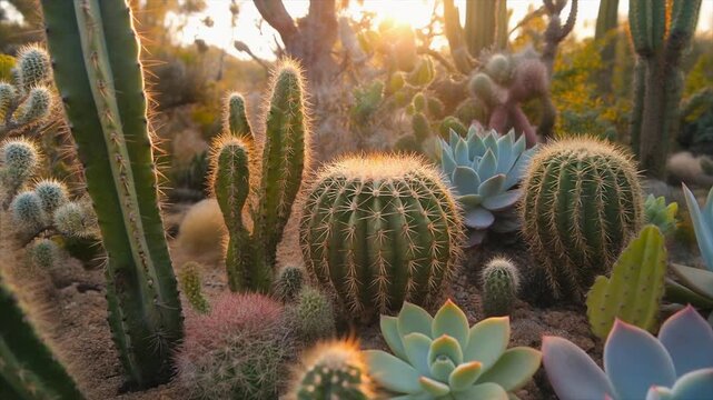 Captivating Array of Cactus and Succulent Plants Thriving Under Golden Sunlight, a Testament to Enduring Natural Beauty and Arid Land Flora in a Vibrant Desert Garden