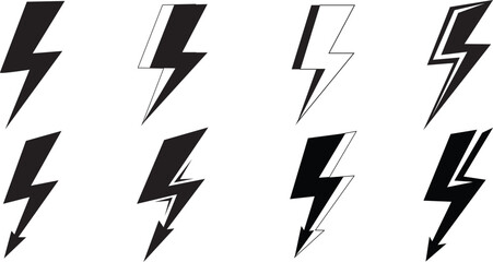 Lightning bolt icon set. Electric thunder flash symbols. Vector collection of black, outline, and retro power shapes.
