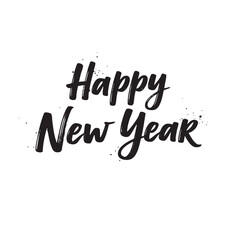 Fototapeta premium Hand Drawn Black Ink Happy New Year Text with Splatter Effect on White Background celebration