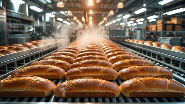 Automated bakery production line with rows of fresh bread moving on conveyor belts
