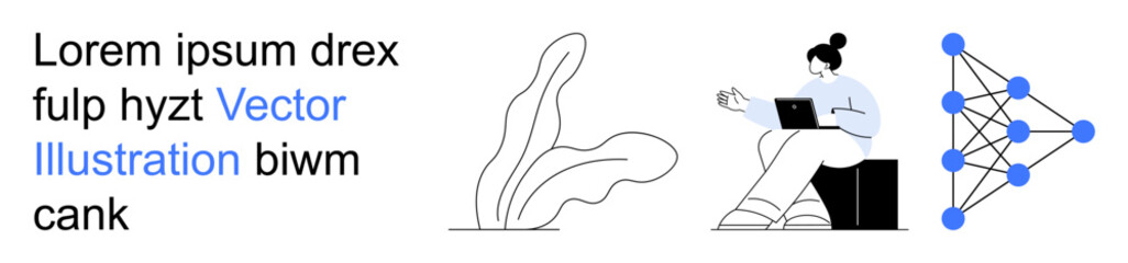 Technology, education, neural networks, machine learning, digital work, connection. Woman working on a laptop, connected nodes plant design. Technology and neural networks conceptual design