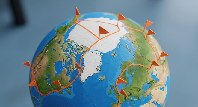 Miniature depiction of global travel routes marked across the Northern Hemisphere of a terrestrial model