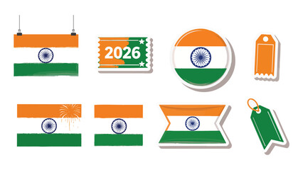 Indian Flag Stickers and Labels Collection with Brush Stroke Texture
