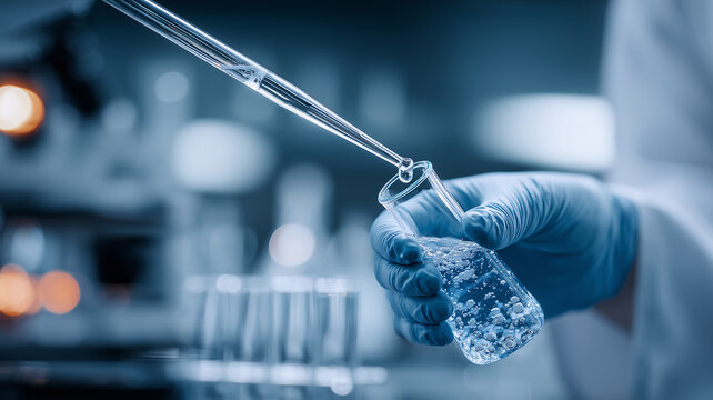 A laboratory pipette pouring liquid into a glass beaker representing scientific experimentation and chemical research accuracy.
