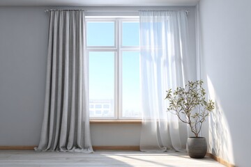 Fototapeta premium Sunlight streams through sheer and opaque curtains framing a bright window.