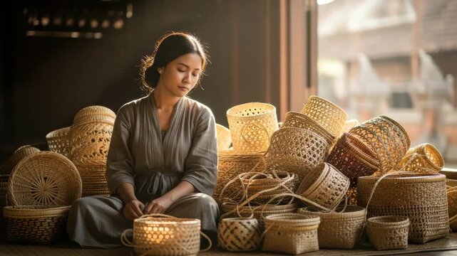 A woman sits among many woven baskets in a workshop. She focuses on crafting and weaving