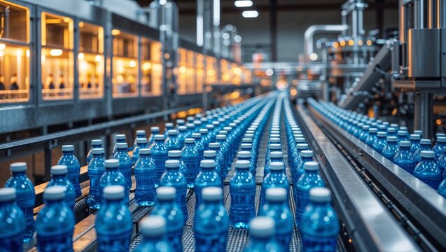 Automated bottling line in a modern factory producing beverages on a conveyor belt