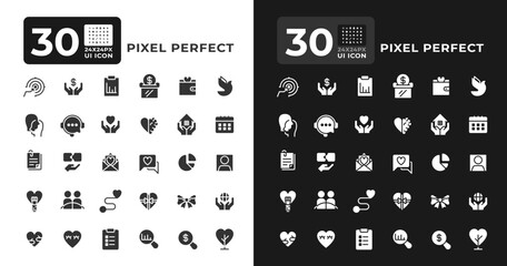 Donation collecting glyph ui icons set for day and night mode. Charity organization benefits. Helping in needs. Black solid symbols vector iconset. User interface elements collection, pixel perfect