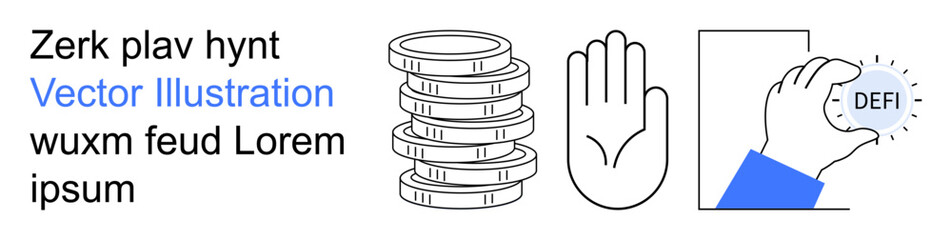 Cryptocurrency, decentralized finance, wealth management, blockchain innovation, digital assets, financial technology. Stack of coins, hand gesture DEFI abbreviation. Cryptocurrency