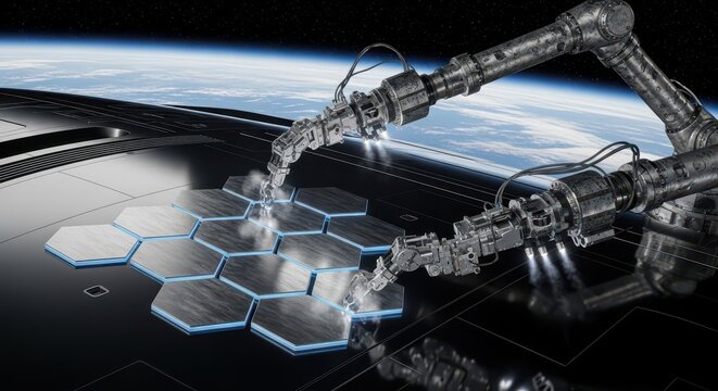 Robotic arms precisely assemble hexagonal panels on an exterior platform orbiting the planet