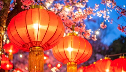Red Lantern Art with Cherry Blossoms: Festive Chinese New Year Decoration Backdrop
