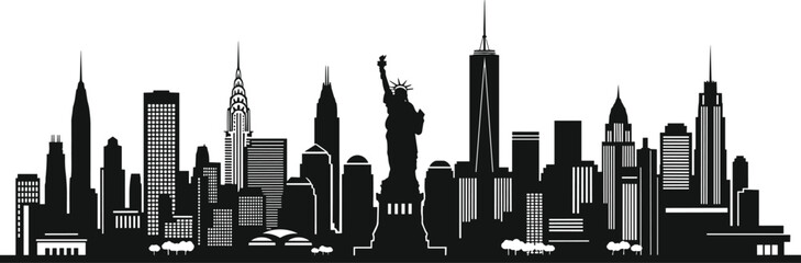Iconic New York City Skyline Silhouette Vector Illustration featuring the Statue of Liberty, Skyscrapers, and One World Trade Center, Isolated. © Hazera Creative