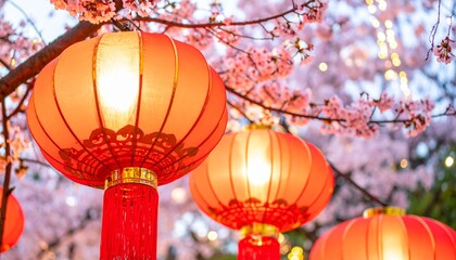 Chinese New Year Lantern & Cherry Blossom Decor: Red Background Festive Floral Design