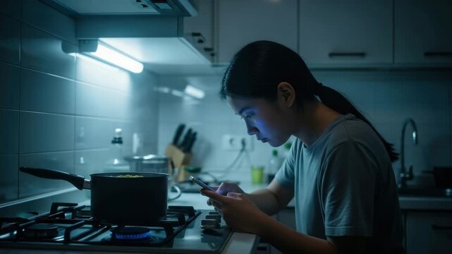 A person cooks noodles on a stove while looking at a phone. The kitchen has low light