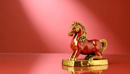 Festive Red Horse Figurine Display: Gold Accents on Red Background for Lunar New Year Luck