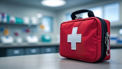 Red first aid kit with white cross symbol on a counter in a medical setting