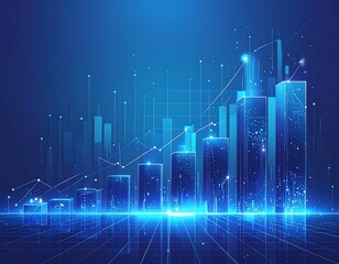 Futuristic digital bar chart visualizing growth, data flow, & connections