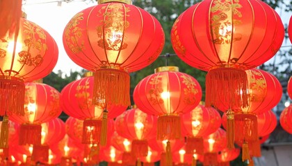 Glowing red lantern cluster with warm festive light for Chinese New Year celebration atmosphere