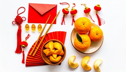 Traditional Chinese New Year Flat Lay: Oranges, Envelopes, and Tassels for Festive Gifting Decor
