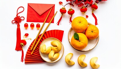 Lunar New Year Decoration Flat Lay: Oranges, Red Packets, and Festive Tassels Arrangement