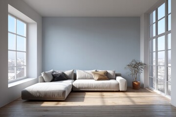 Obraz premium A spacious living room with a sectional sofa and large windows.