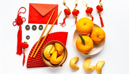 Chinese New Year Flat Lay: Festive Oranges, Red Envelope (Hongbao), Tassels, and Chopsticks