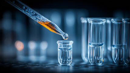 Dropper above test tubes representing laboratory precision, chemical analysis, and the concept of scientific experimentation.
