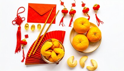 Chinese New Year flat lay with oranges, red envelope, tassels, chopsticks and festive decorations