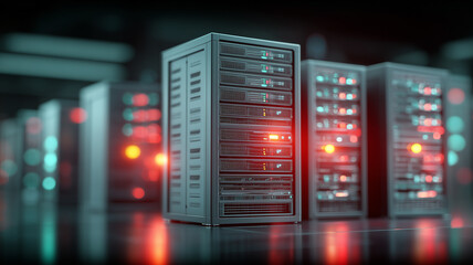 A server unit emitting warning signals among data racks, illustrating operational stress, infrastructure overload and the urgency of maintaining digital system stability.
