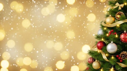 Obraz premium Festive Christmas tree with baubles, ornaments, and blurred bokeh lights